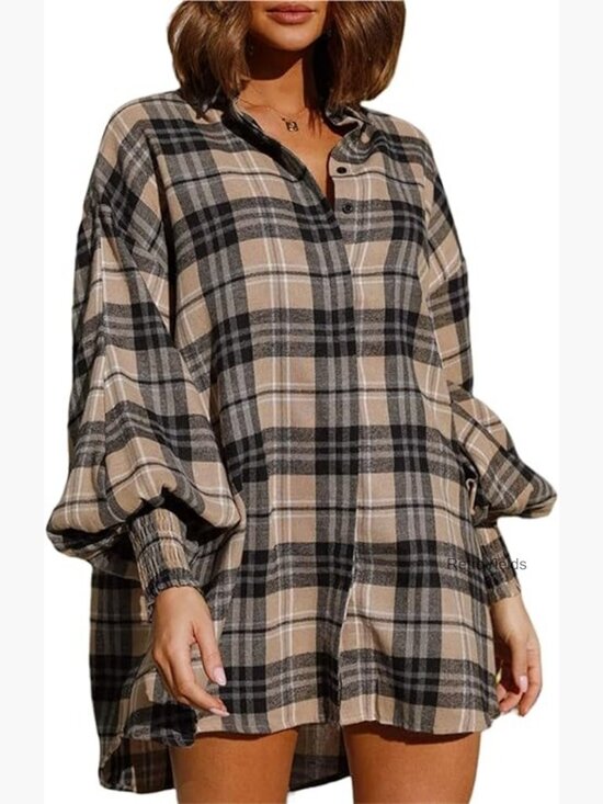 Tops - Oversized Long Sleeve Button Down Plaid Shirt Dress Shacket Blouse Top Tunics